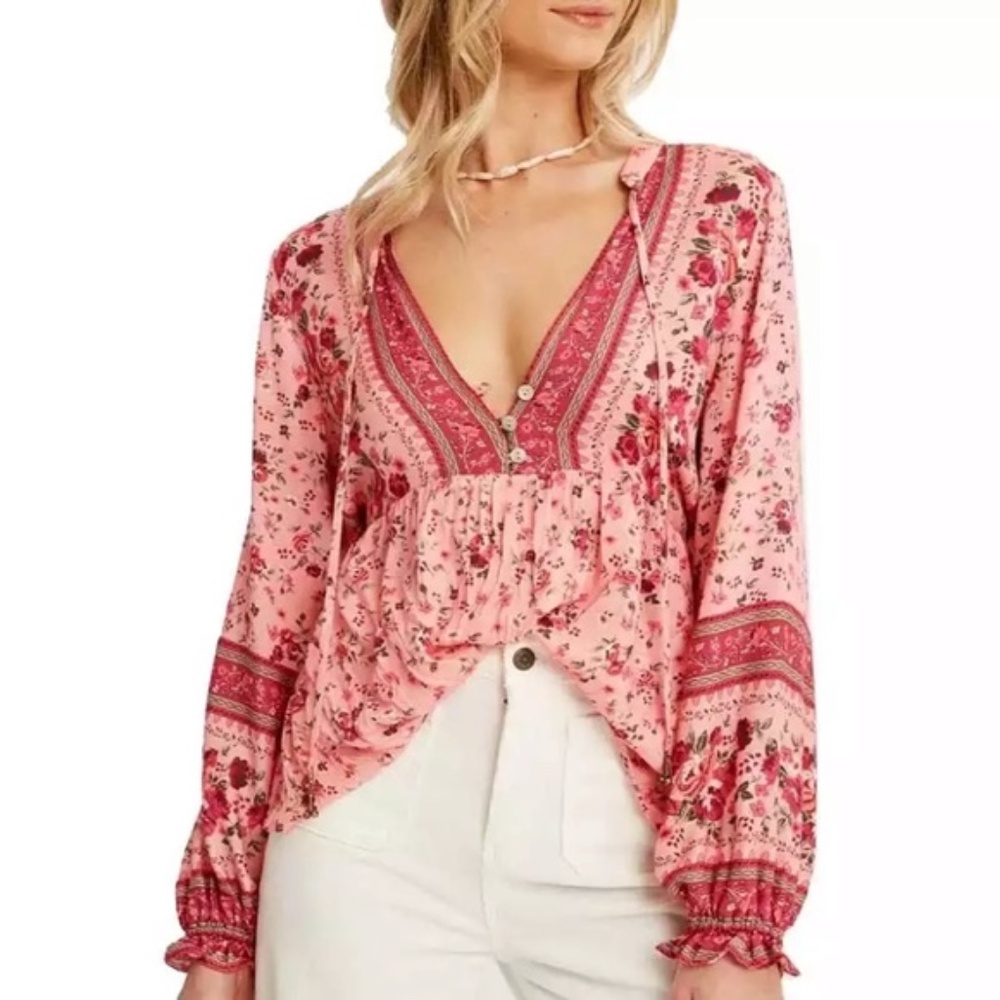 SOLD OUT Pink Floral Gypsy Bohemian Button Long Sleeve Top - Picture 3 of 11